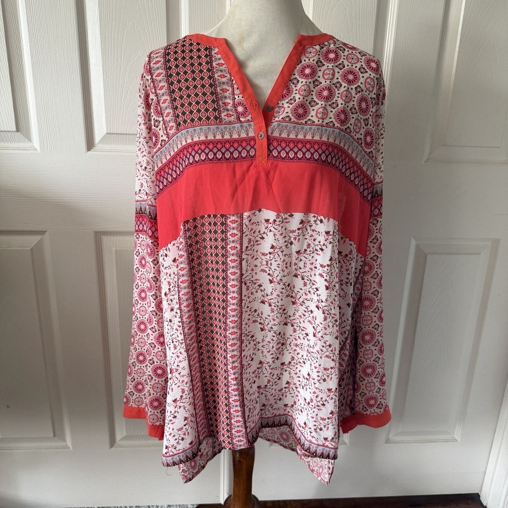 Patchwork Print Floral Paisley Boho Tunic Top Plus 2X  Long Sleeve Eyeshadow